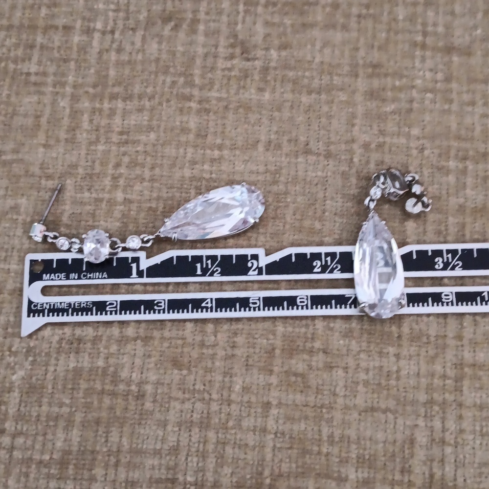 Silver Tone Rhinestone Dangle Drop Earrings - Picture 2 of 4